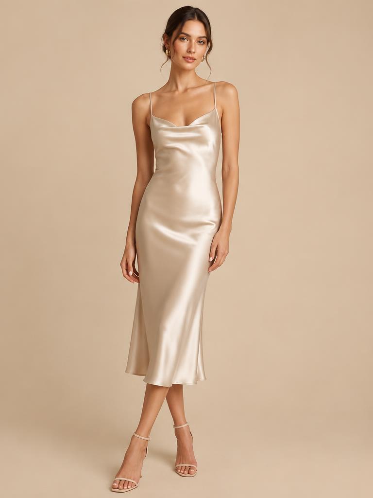Model in een champagnekleurige satijnen slipdress tot de kuit