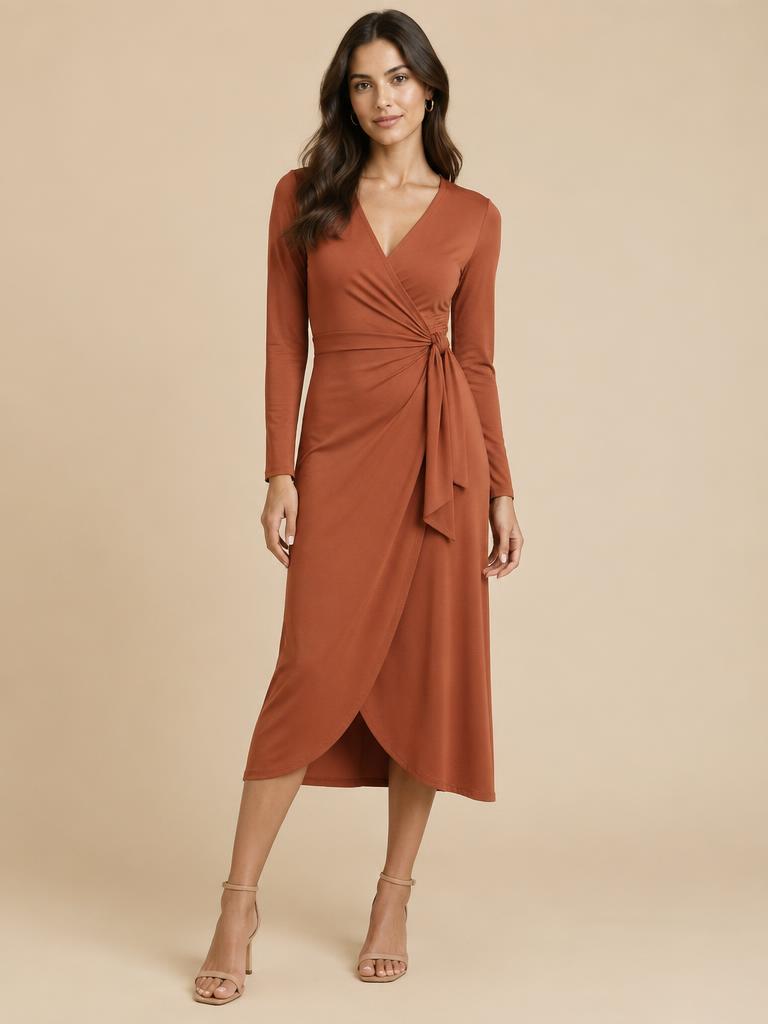 Model in een terracotta wikkeljurk met lange mouwen
