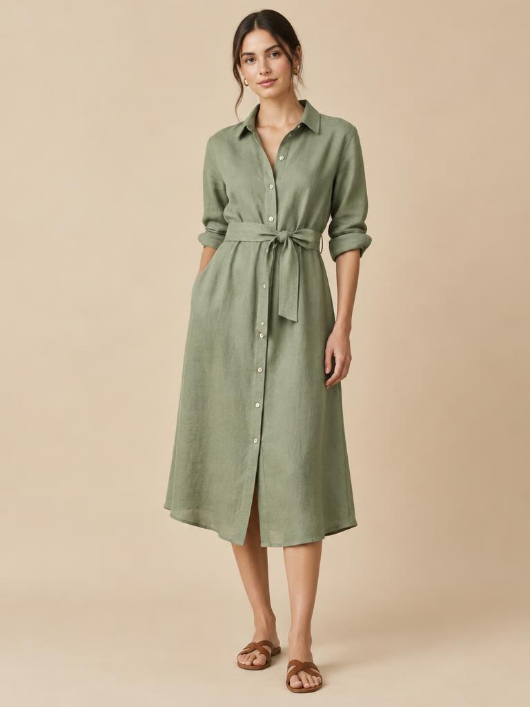 Model in een saliegroene linnen blousejurk met ceintuur