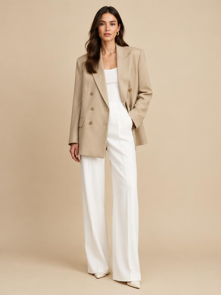 Model in een beige oversized double-breasted blazer met witte pantalon