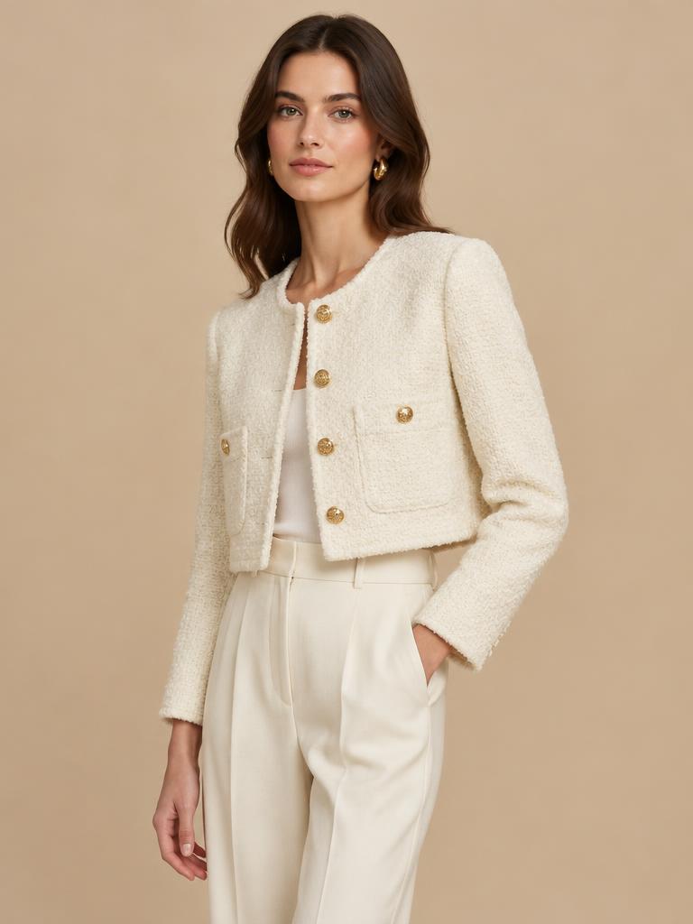 Model in een kort crèmekleurig bouclé jasje met gouden knopen