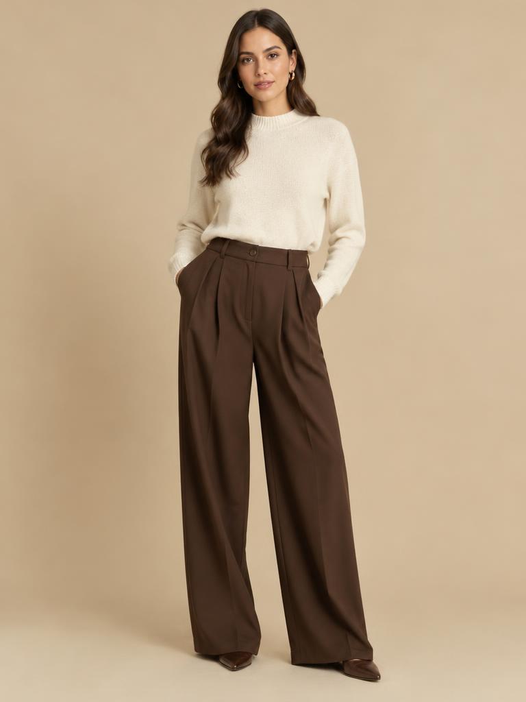 Model in een chocoladebruine wijde pantalon met plooien