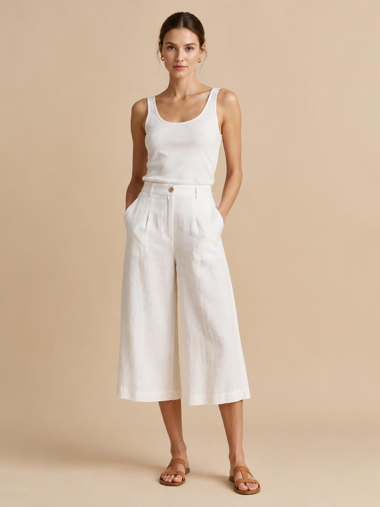 Model in een witte linnen culotte met tanktop