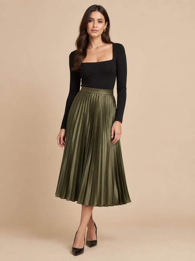 Model in een olijfgroene plissé satijnen midirok
