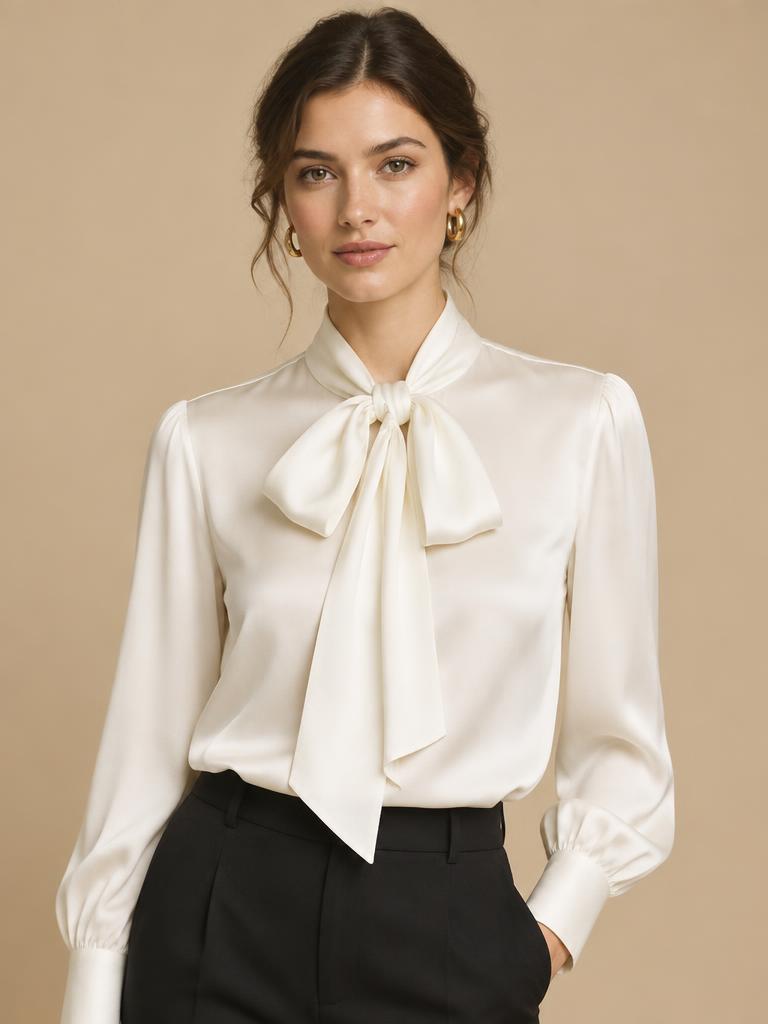 Model in een ivoorkleurige zijden blouse met strik bij de hals