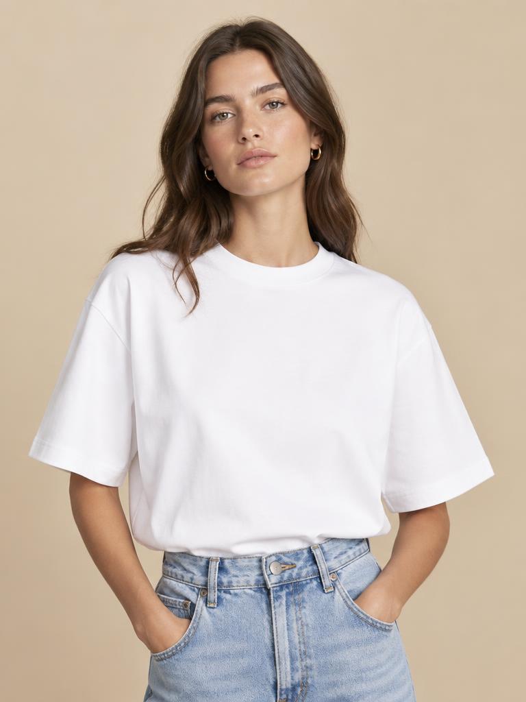 Model in een wit boxy T-shirt van zwaar katoen
