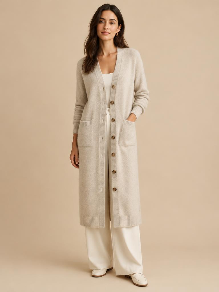 Model in een lang havermoutkleurig kasjmier vest met knopen