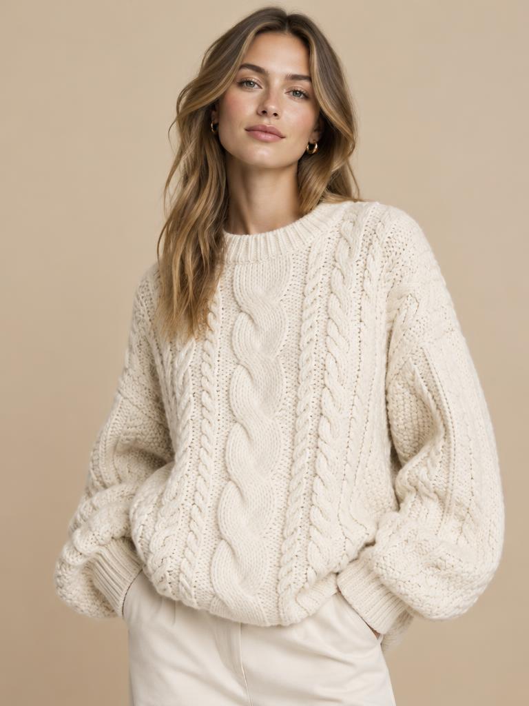 Model in een oversized crèmekleurige kabeltrui