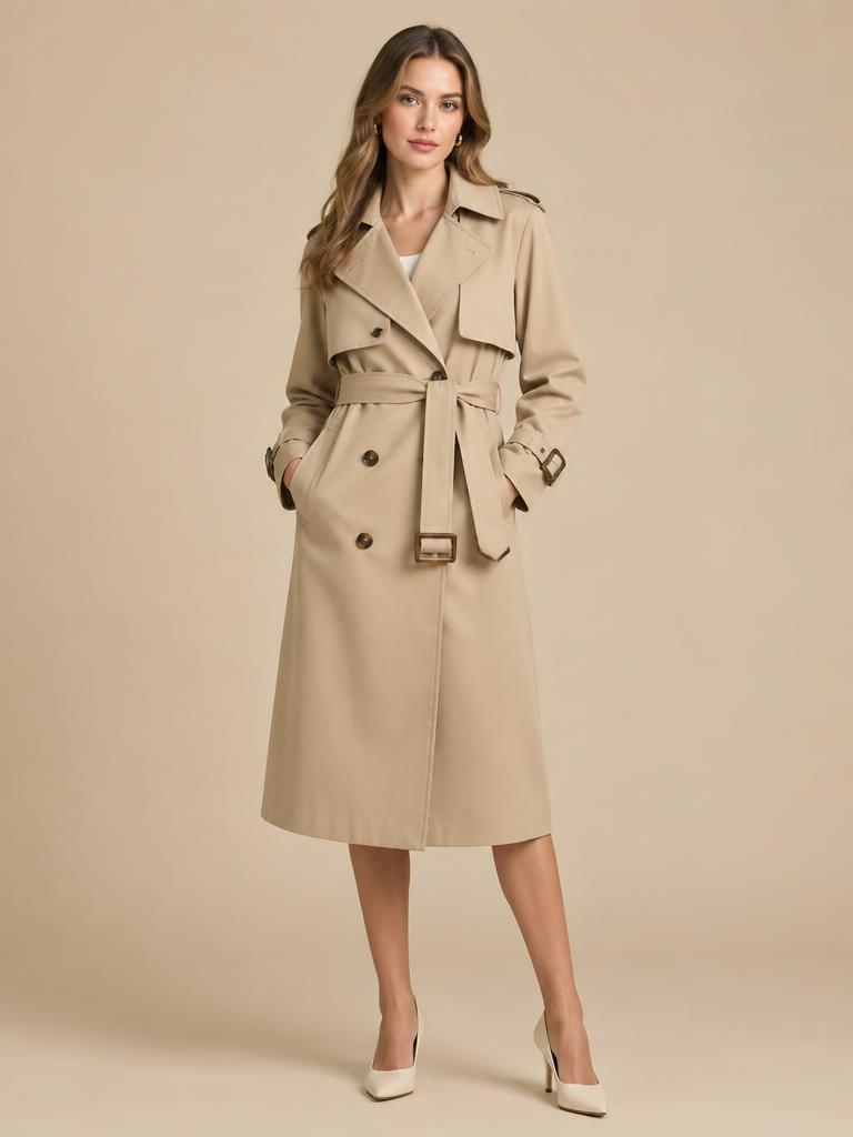Model in een klassieke zandkleurige trenchcoat met ceintuur