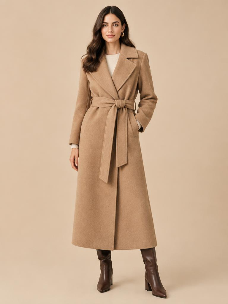 Model in een lange camelkleurige wollen wikkeljas
