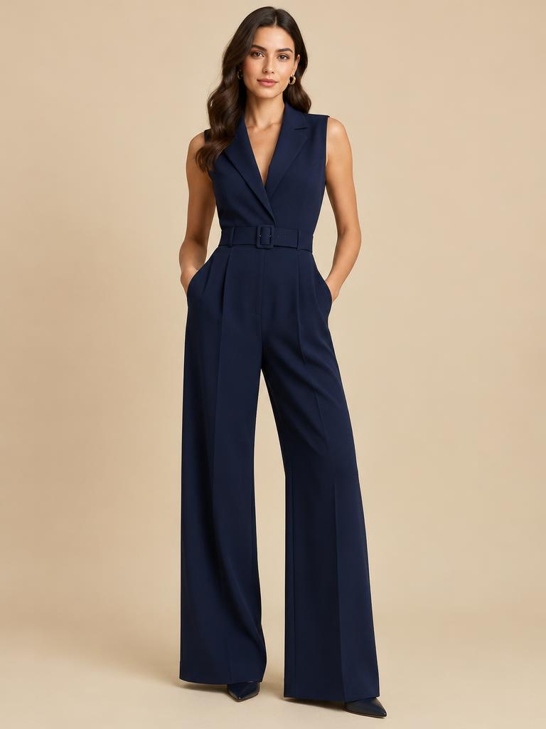 Model in een mouwloze navy jumpsuit met wijde pijpen en ceintuur