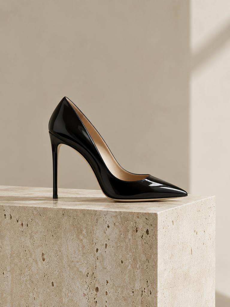Zwarte lakleren pump met spitse neus en stilettohak